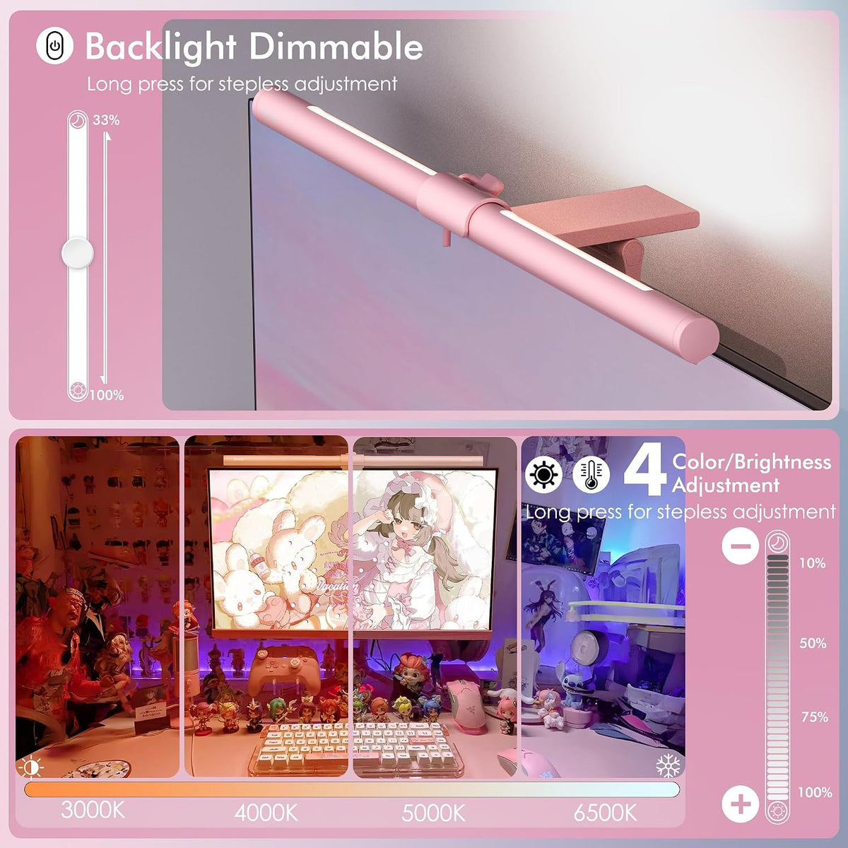 Quntis Pink Monitor Light Bar with Backlight, Desk Light Bar with Remote