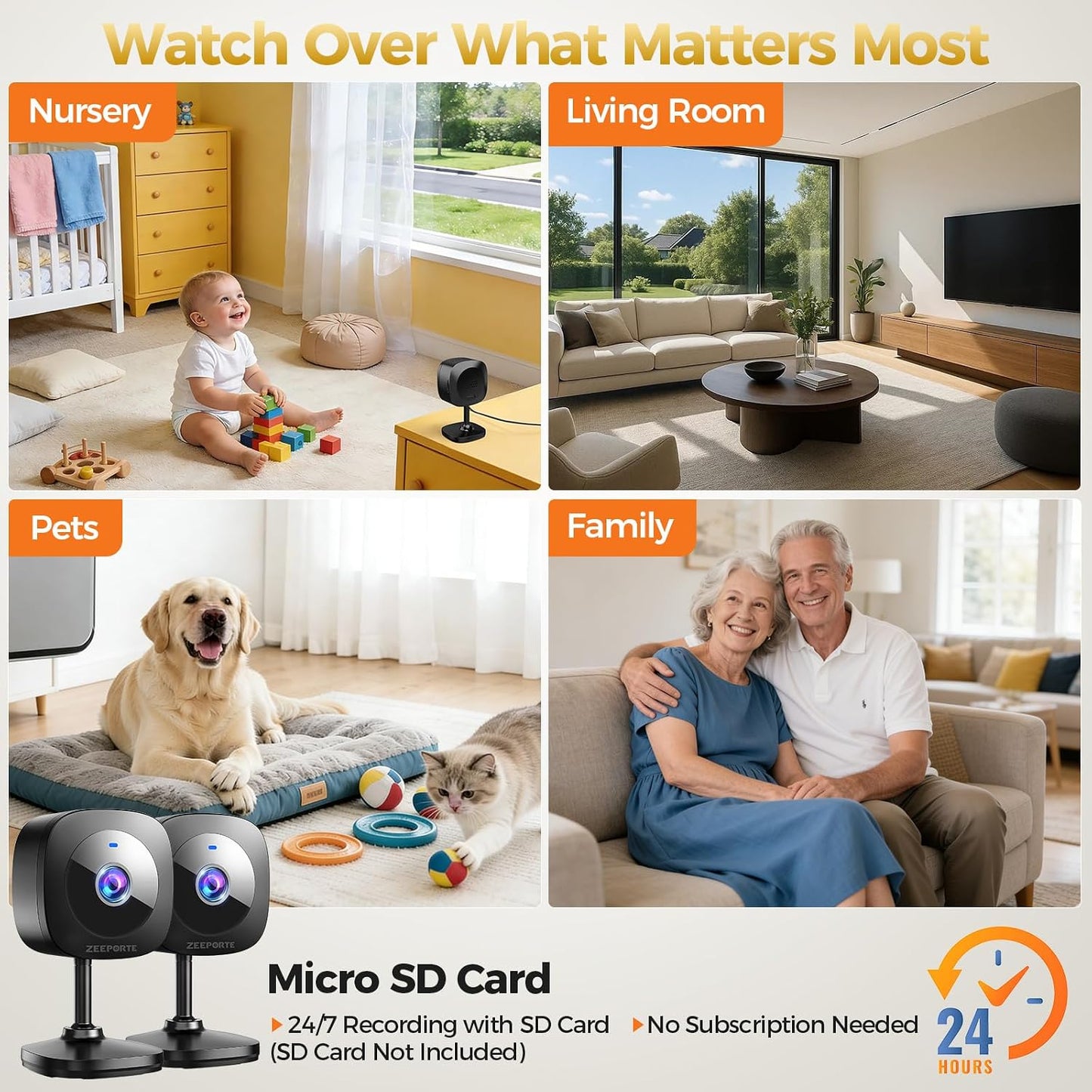 ZEEPORTE 2K Indoor Cameras for Home Security - Baby Monitor and Dog Pet Camera with Motion Detection, 2-Way Audio, Night Vision, Siren, Wired Security Camera - Works with Alexa and Google Home(2-Pack)