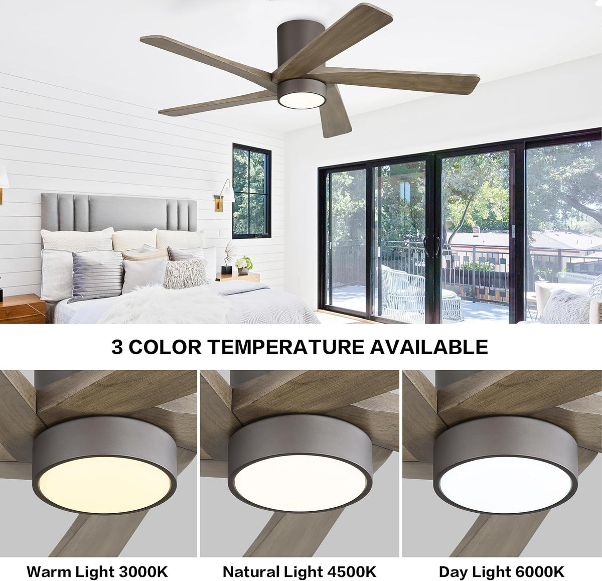 WINGBO 54 Inch Flush Mount DC Ceiling Fan with Lights and Remote, 5 Reversible Carved Wood Blades, 6-Speed Noiseless DC Motor, Hugger Ceiling Fan in Graphite Finish with Gray Blades, ETL Listed