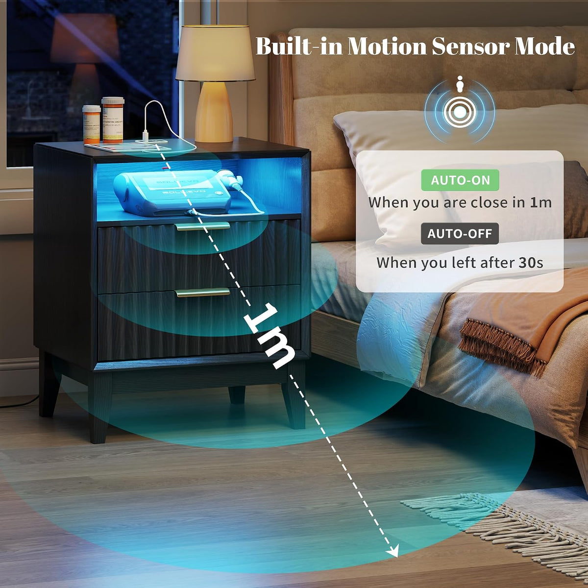 LVSOMT LED Nightstand Set of 2, RFID Lock, Charging Station, Black