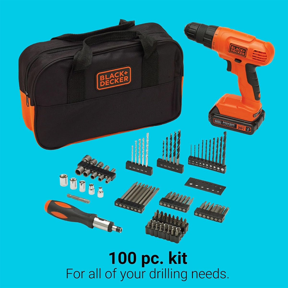 BLACK+DECKER 20V MAX* POWERCONNECT Cordless Drill Driver Kit with Drill Bit Set and Sockets, 100 pc. Tool Kit for Home, Battery and Charger Included, Orange (BDC120VA100)