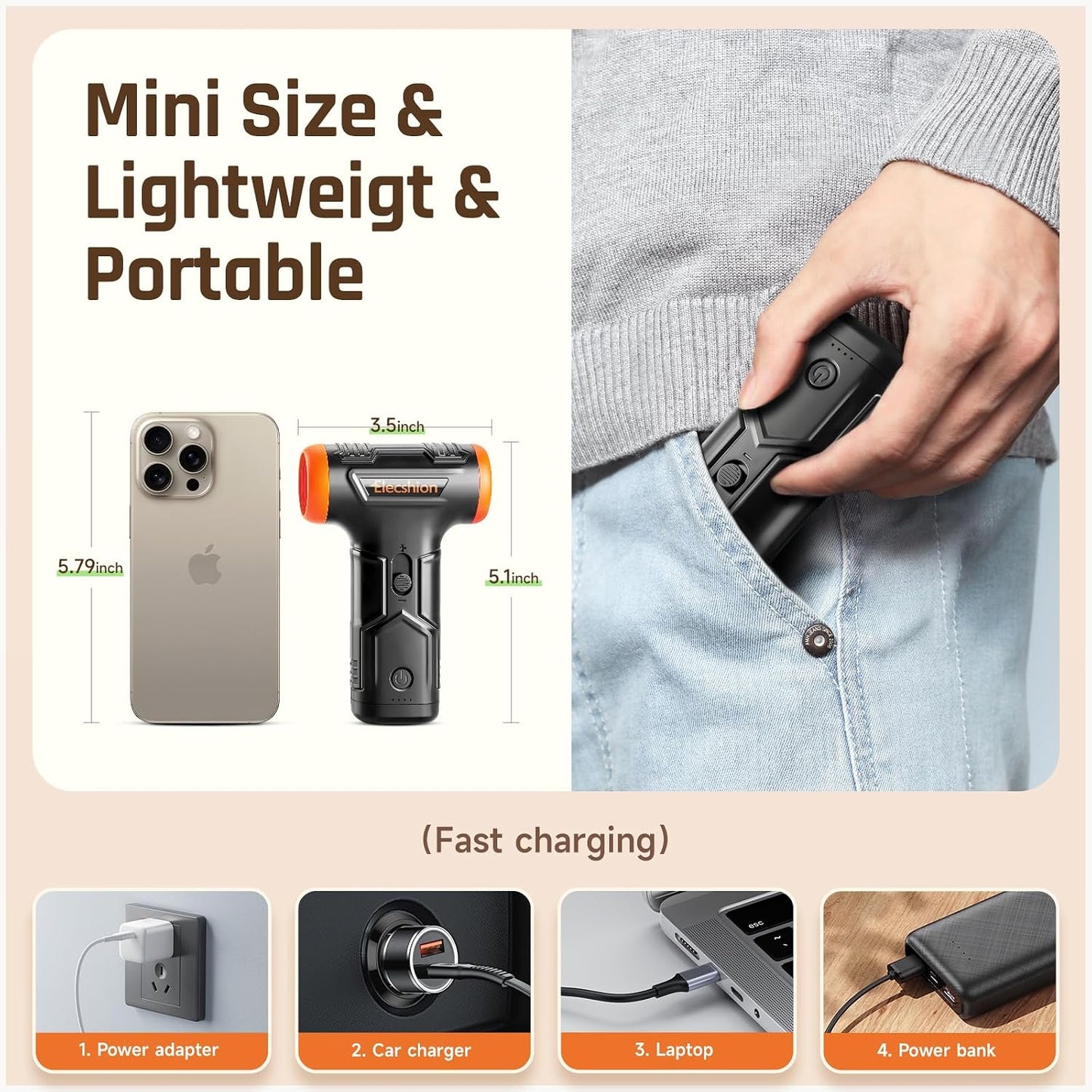 Compressed Air Duster - Electric Air Duster, 50 mph 110000RPM Super Power | Cordless Canned Air Dust Blower for PC/Computer/Blaster/Keyboard/Home, Mini/Variable Speed/Quick Dusting