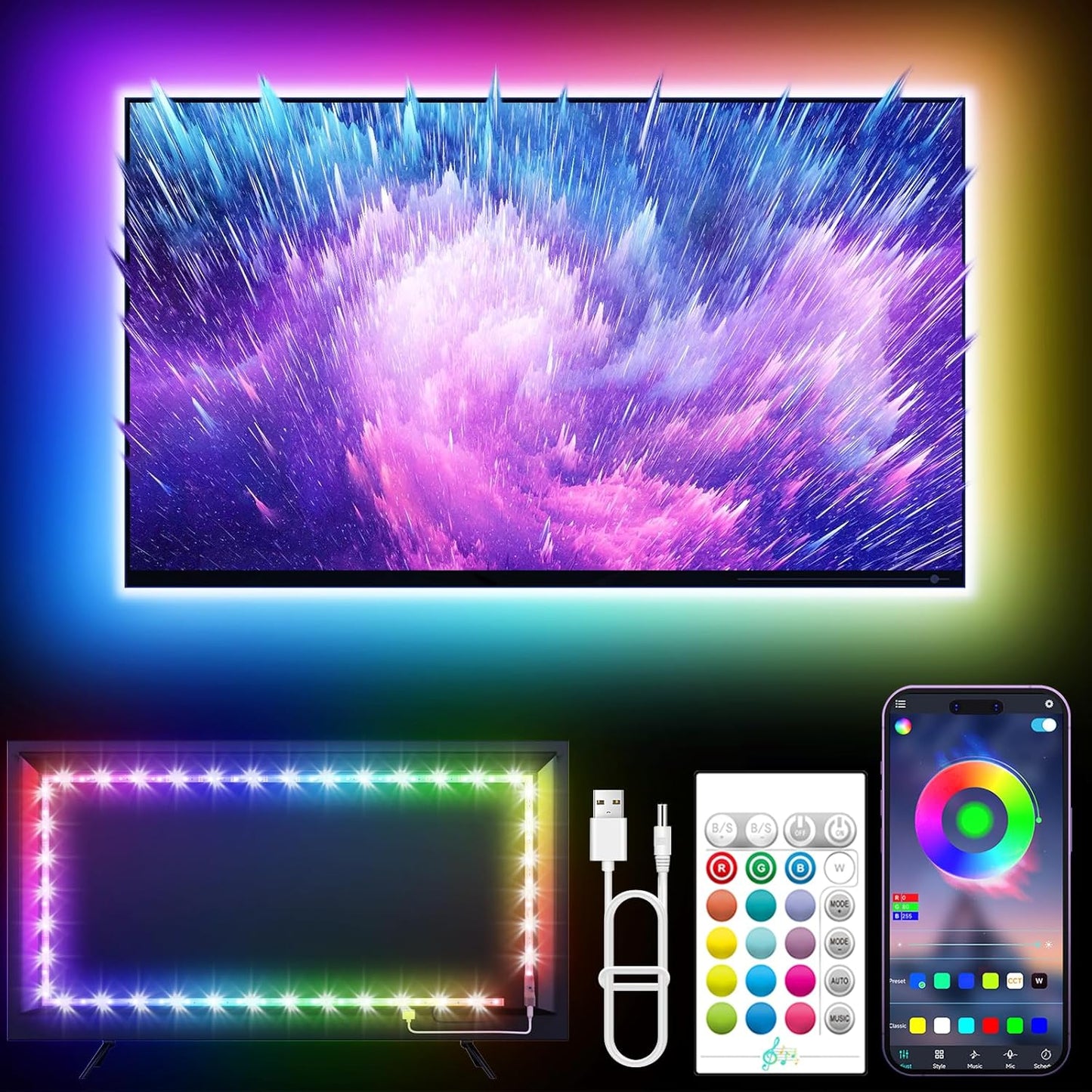 KANTUTOE TV Lights Behind, 19.68ft LED Lights for 55-85 Inch TV, RGB TV Backlight, Music Sync Bluetooth APP and Remote Control Strip Lights USB Powered for Bedroom Gaming Room Decor