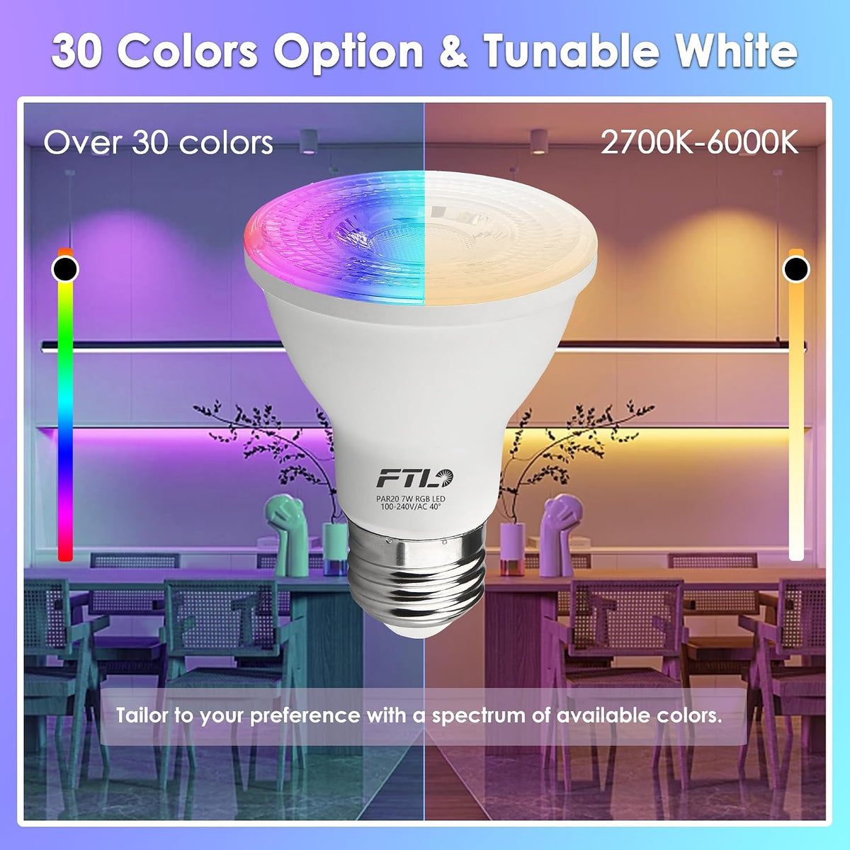 FTL PAR20 LED Bulbs Color Changing Light Bulbs with Remote Control, Dimmable RGB Colored Bulbs 2700K-6000K 7W 60W Equivalent, Timer,30 Colors, Flood Light for Track Recessed Lighting, 6-Pack