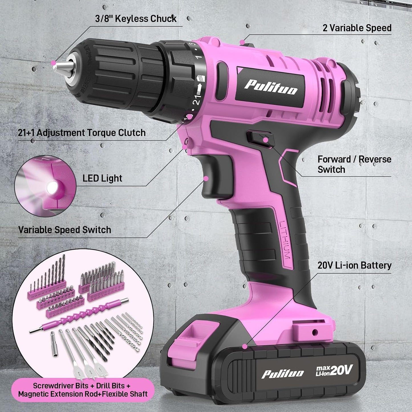 PULITUO Power Drill Tool Kit with 20V Cordless Drill/Driver, Electric Screwdriver, 2 Batteries & Charger, LED Light, 199-Piece Pink Home DIY Tool Set with Toolbox, Drill Set for Women & Men (Pink)