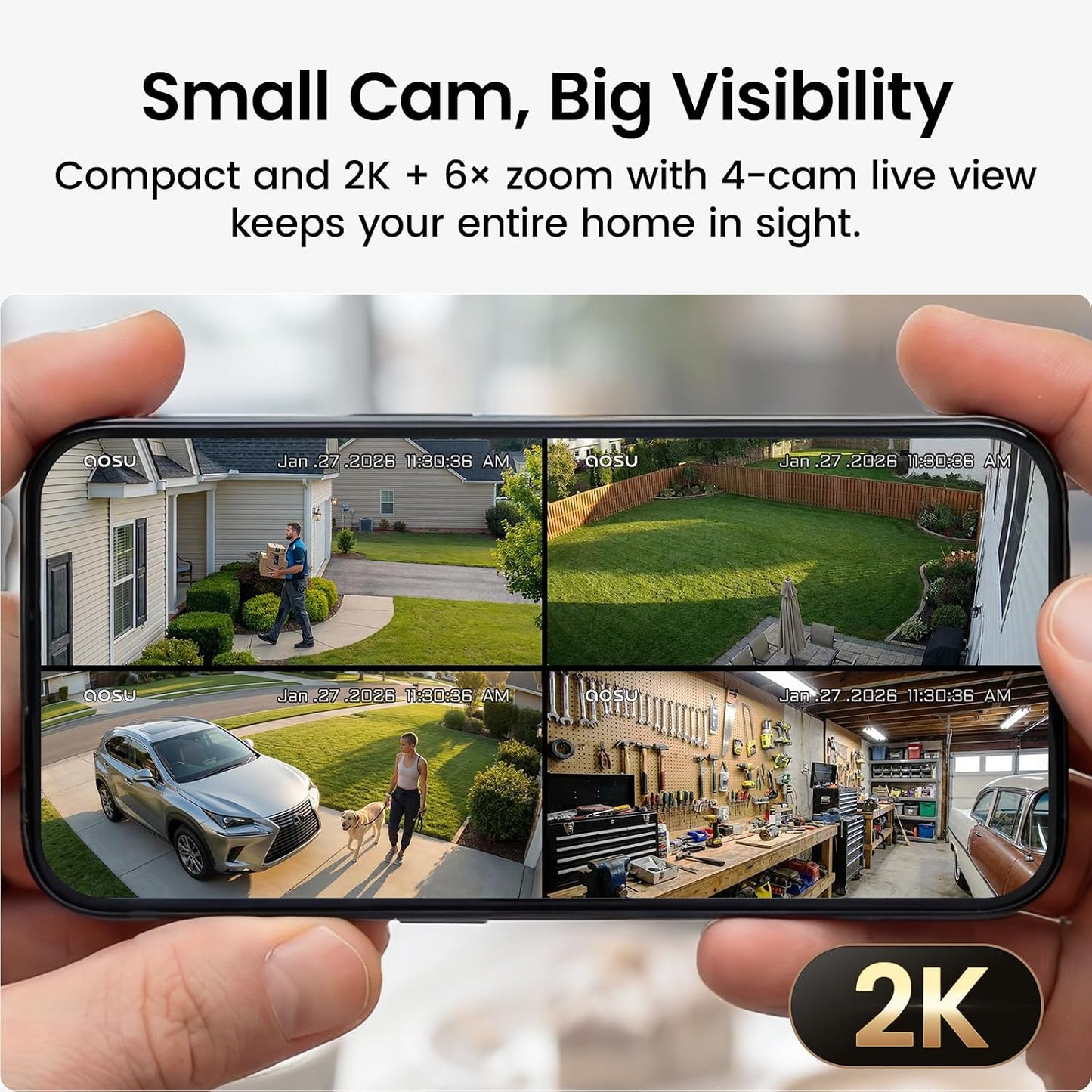 aosu Wireless Outdoor Security Camera Kit with aosuBase Local Storage, 2K with 6X Zoom, 4-View Live, Cross-Camera Person Timeline, PIR + AI Human Detection, Color Night Vision, 4-Cam-Kit