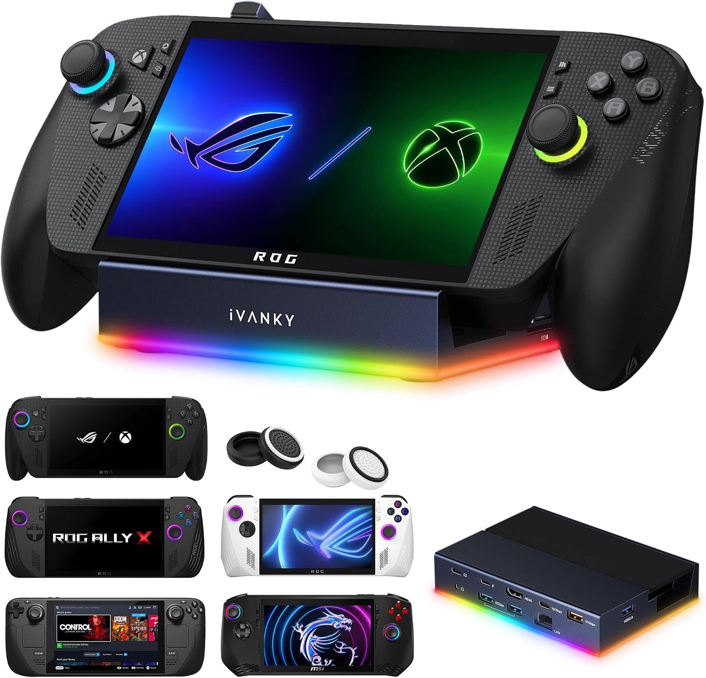 iVANKY 14-in-1 RGB Docking Station for ROG Xbox Ally X(2025), 4K@120Hz | Compatible with Steam Deck OLED/Lenovo Legion GoS,10Gbps USB3.2, SD/TF Slots, 1Gbps Ethernet,100W Charge, Foldable