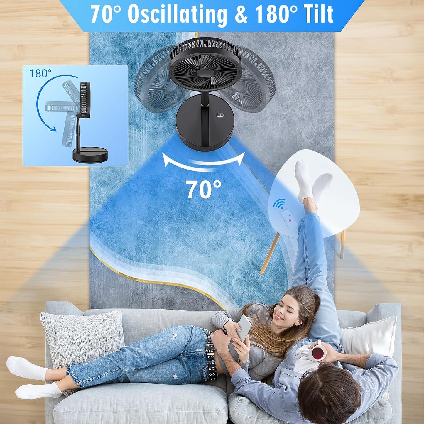 Portable Foldable Rechargeable Oscillating Fan - 8.6" 8000mah Remote Fan | Battery Operated USB C Small Fan Quiet Table Desk Fan Folding Standing Pedestal Fan for Bedroom Rome Office Camping Travel