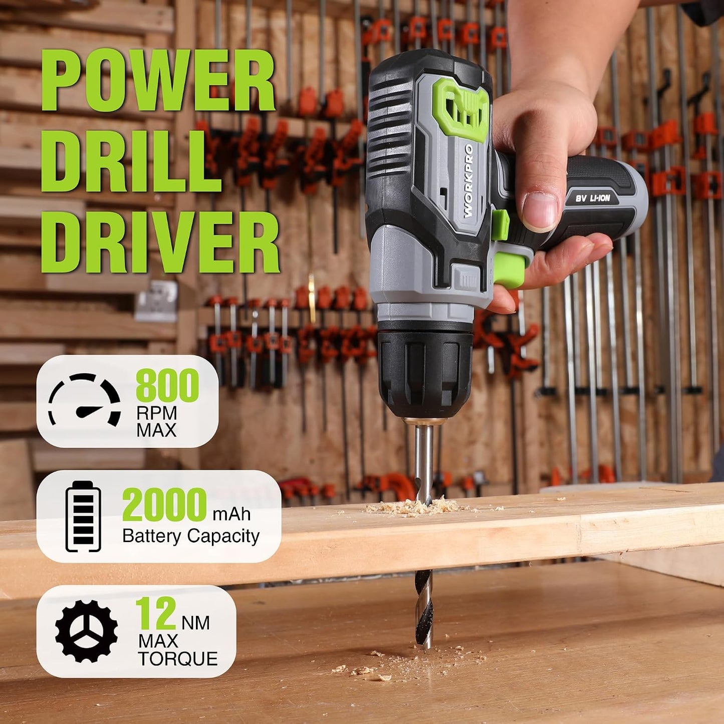 WORKPRO Power Drill Bit Set with Tool Box, 8V Cordless Drill Driver | Cordless Screwdriver Kit, 21pcs Accessories, 3/8" Keyless Chuck, 2.0Ah Battery, Portable for DIY