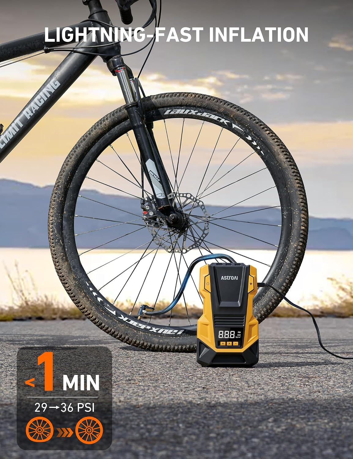 AstroAI Tire Inflator Portable Air Compressor, 110V AC/12V DC Dual Power | Electric Air Pump with 150PSI Max Pressure & LED Light, Fast Inflation for Cars, Bikes, Motorcycles, and Inflatables, Yellow
