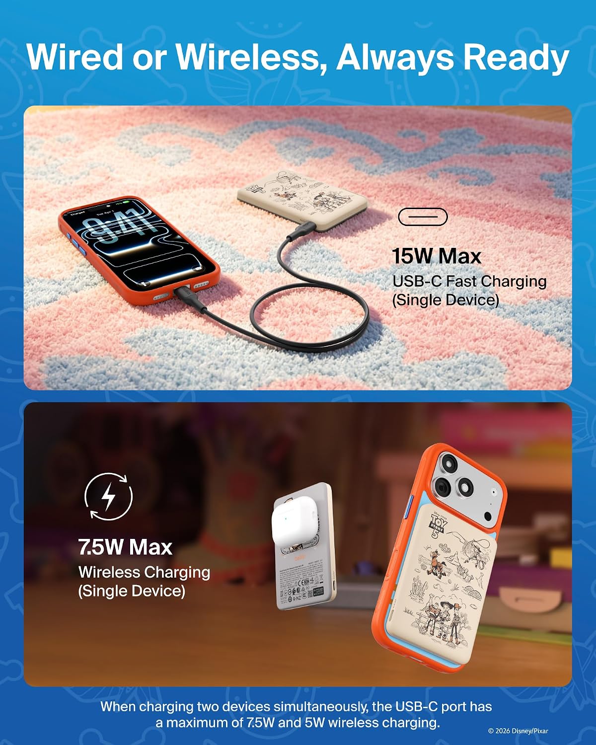 Belkin Disney Toy Story 5 Magnetic Power Bank 5000mAh Portable Charger | Wireless Charging Battery Pack, iPhone 17, iPad, Samsung Galaxy, Pixel, Ultra Slim, USB C Port, USB C Cable, Charge 2 Devices