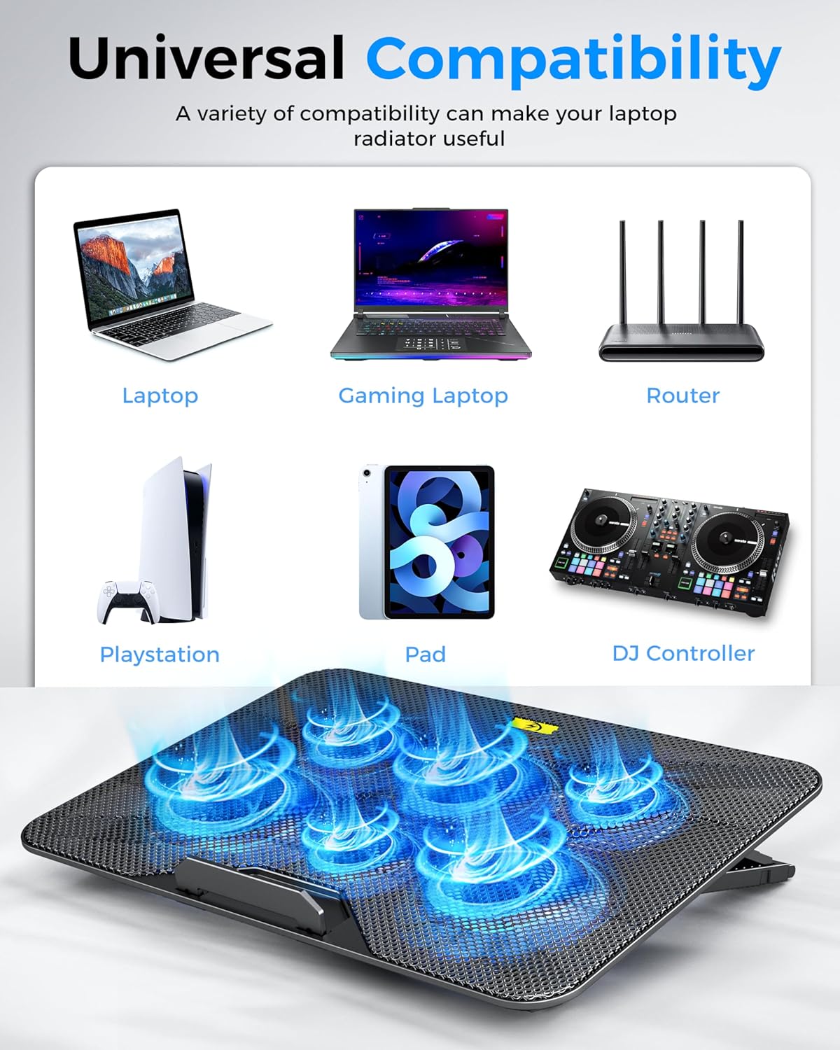 AICHESON Laptop Cooling Pad with 6 High-Speed Fans for 14-17.3 Inch Laptops | Laptop Fan with 7 Adjustable Angles, Blue Lights with Fans, 2 USB Ports for Work Home Office Use