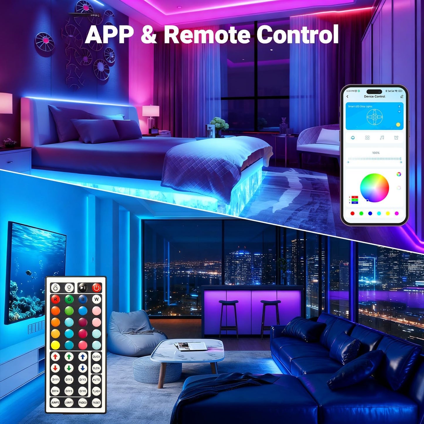 DAYBETTER LED Strip Lights 150 ft, Smart LED Lights for Bedroom, Bluetooth Led Light Strips with Remote, App Control, DIY Colors, RGB Color Changing LED Strip Lighting Music Sync, Party, Room Decor
