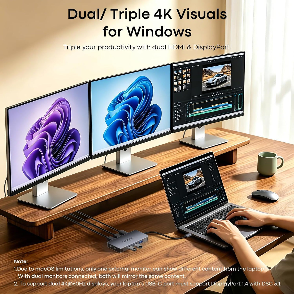 UANTIN Laptop Docking Station 3 Monitors, 8-in-1 USB C Dock with 2 HDMI, DP