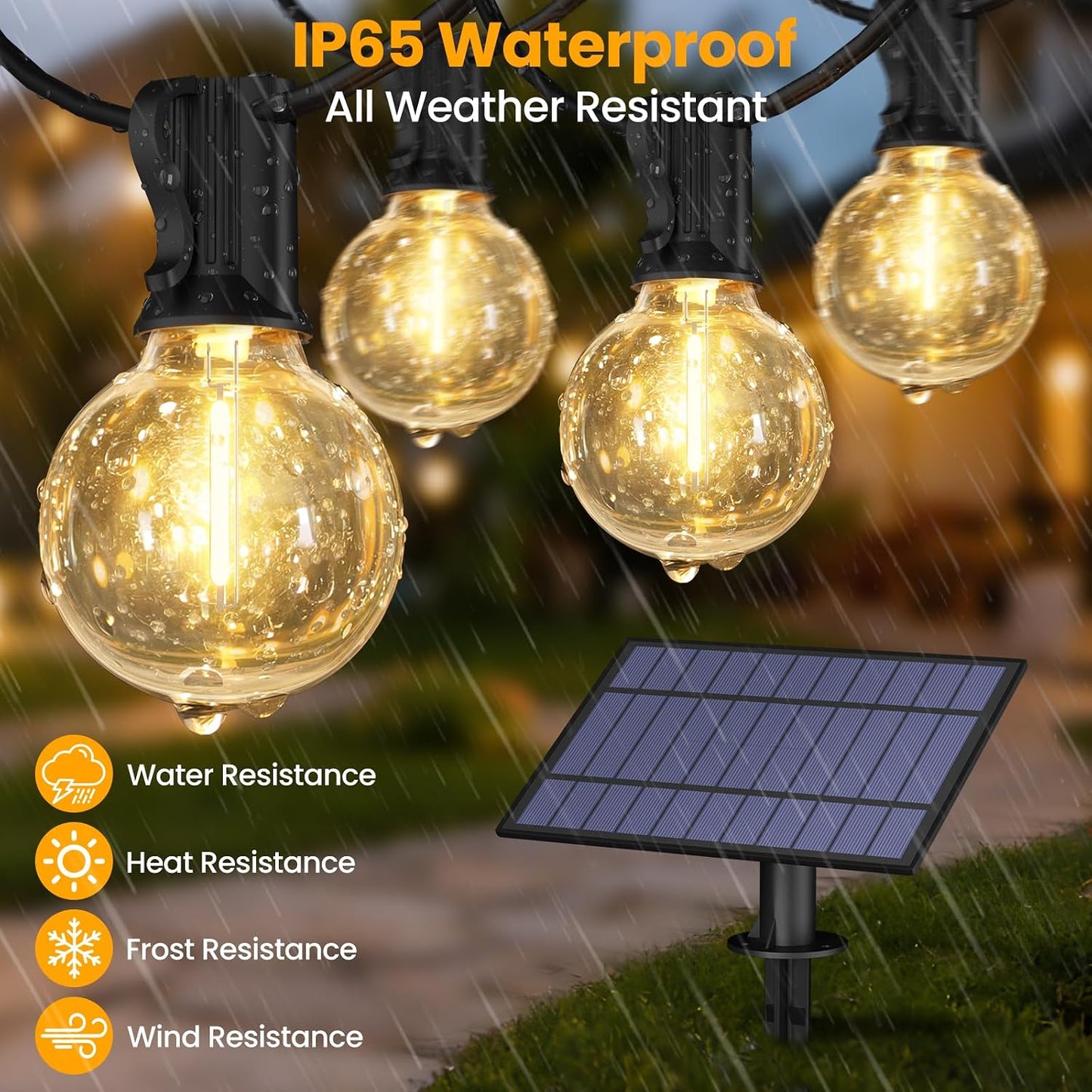 25FT Solar Powered String Lights with 10+1 LED G40 Bulbs, Black | IP65 Waterproof, Solar and USB Dual Charging, Auto On/Off, Shatterproof, Energy-saving, Patio Lights Balcony Backyard Decor