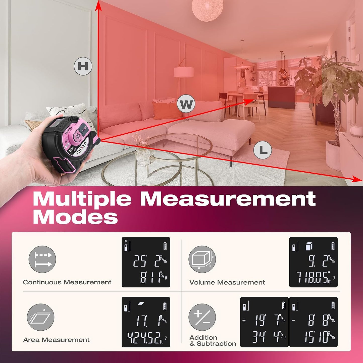 PREXISO 2-in-1 Laser Tape Measure, 215Ft Laser Measure & 16Ft Tape Measure | Laser Measuring Tool, Auto Lock & Magnetic Hook, Laser Measurement Tape, Pythagorean, Area, Volume, Ft/Ft+in/in/M NOT Digital