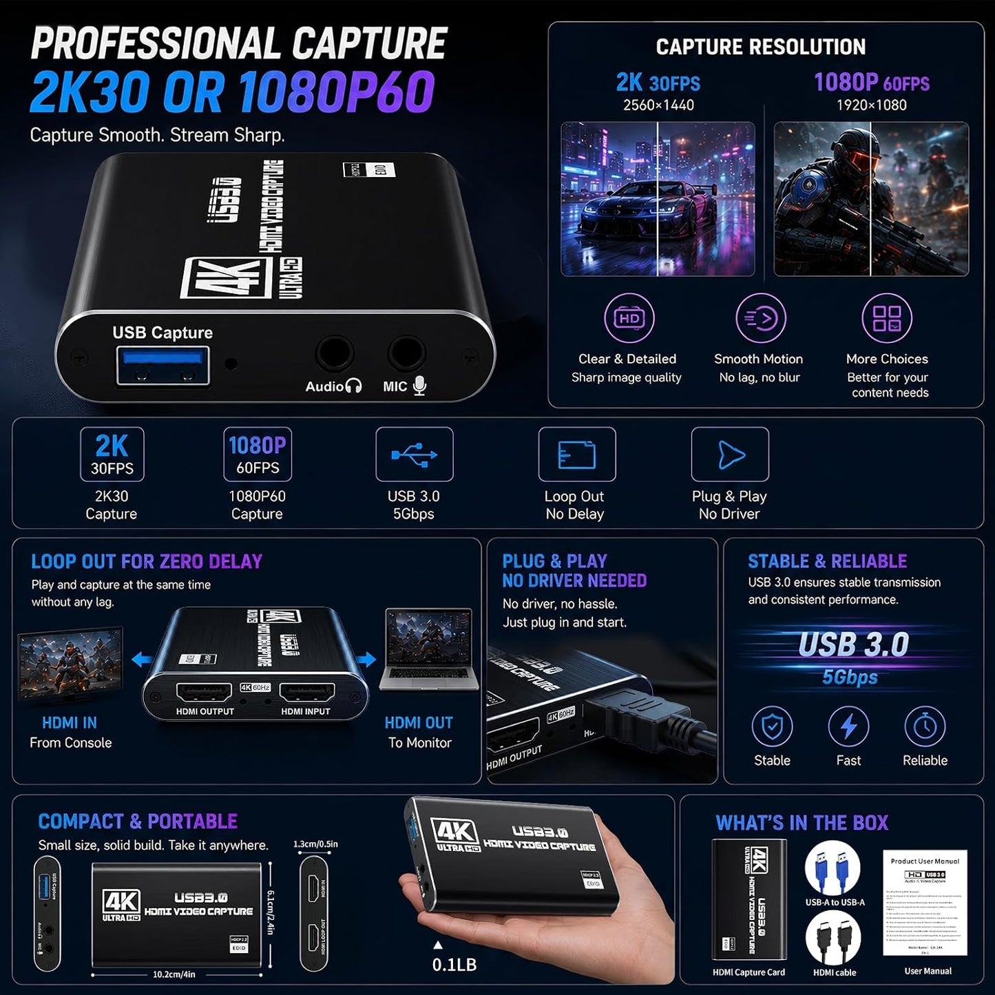 Guermok USB 3.0 HDMI Capture Card, 1080P 60FPS & 2K30 Video Capture Device | 4K HDMI Pass-Through, Mic Input & Audio Output, USB Video Game Capture for OBS Streaming, PS5, Switch 2/1, Xbox1, Camera, PC