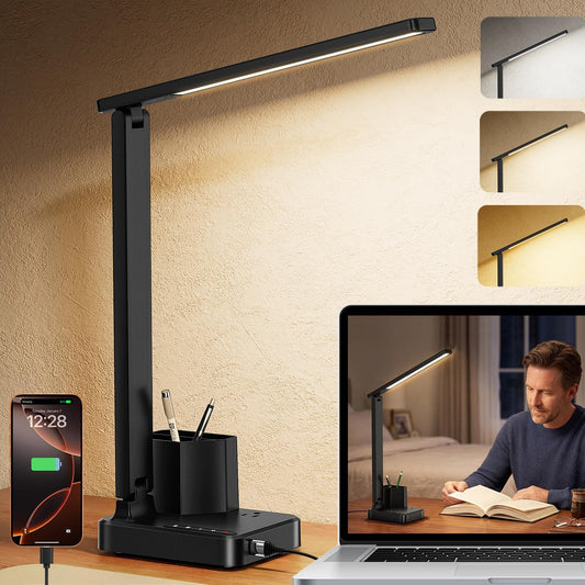 LED Desk Lamp USB A/C AC Pen Holder Dorm Home Office Desk Light Black | Adjustable LED Desk Light with USB A/C, AC Outlet, Pen Holder; Small Desk Lamp for Dorm, Study, Craft & Home Office