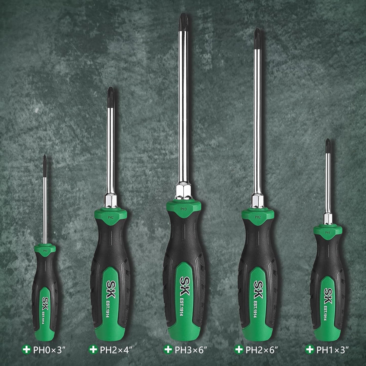 SK 5-Piece Phillips Screwdriver Set, Magnetic Screwdriver Set, S2 Steel | Heat-Treated Chrome Plating Shaft, Black Oxide Tip, SureGrip Handle