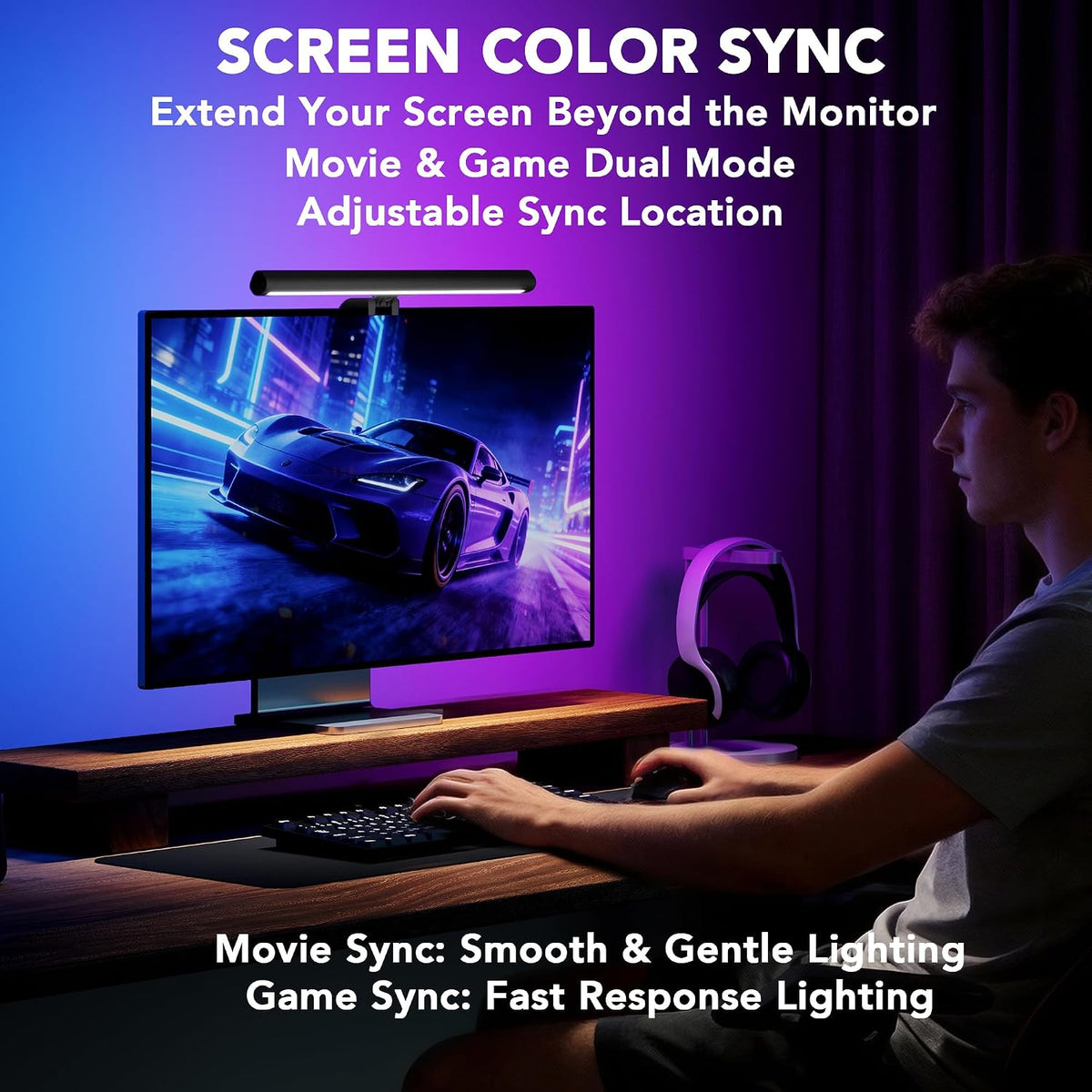 Smart Monitor Light Bar with RGB Backlight, Software-Controlled Display Color & Music Sync, LED Desk Lamp，Monitor Light for Gaming/Work with 16M Colors & 18 Modes – 16"