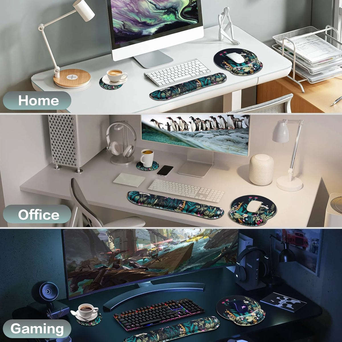 Mouse Pad with Wrist Rest Set, 3-in-1 Wrist Support Mouse Pad Set, Floral | Gaming MousePad with Anti-Skid Base,Ergonomic Mouse Pad,Memory Foam Keyboard Gel Wrists Rest