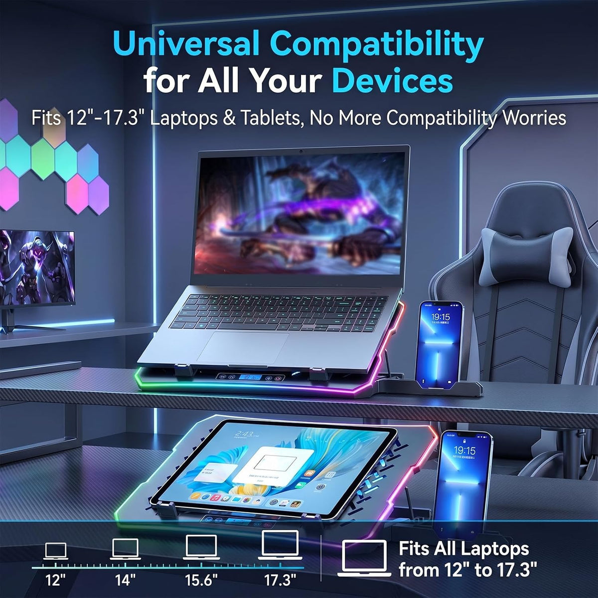 Gaming Laptop Cooling Pad, Laptop Cooler with 12 Quiet Fans, RGB Laptop Fan Cooling Stand with LCD Display, 5-Level Ergonomic Adjustable Mount, Fits 15.6 17 17.3 Inch Laptops, Mac, PC (Black)