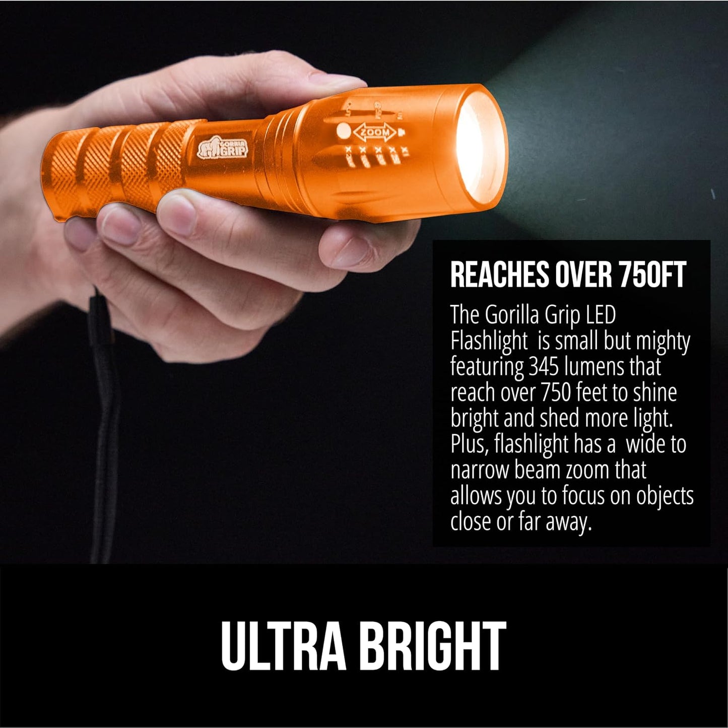 GORILLA GRIP Powerful LED Handheld Tactical Flashlight, 750 FT High Lumens 5 Adjustable Modes, Water Resistant, Ultra Bright Zoom Flashlights, Small Mini, Camping, Night Dog Walking, Orange