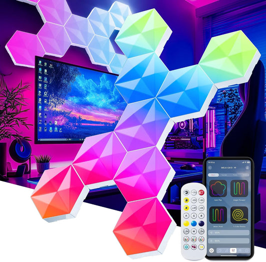 10 Pack Hexagon Led Lights, 110cm Smart Hexagon Light Panels, Hexagon Wall Lights, RGB Color Changing with App & Remote, Music Sync for Gameroom Lighting, Party Decor