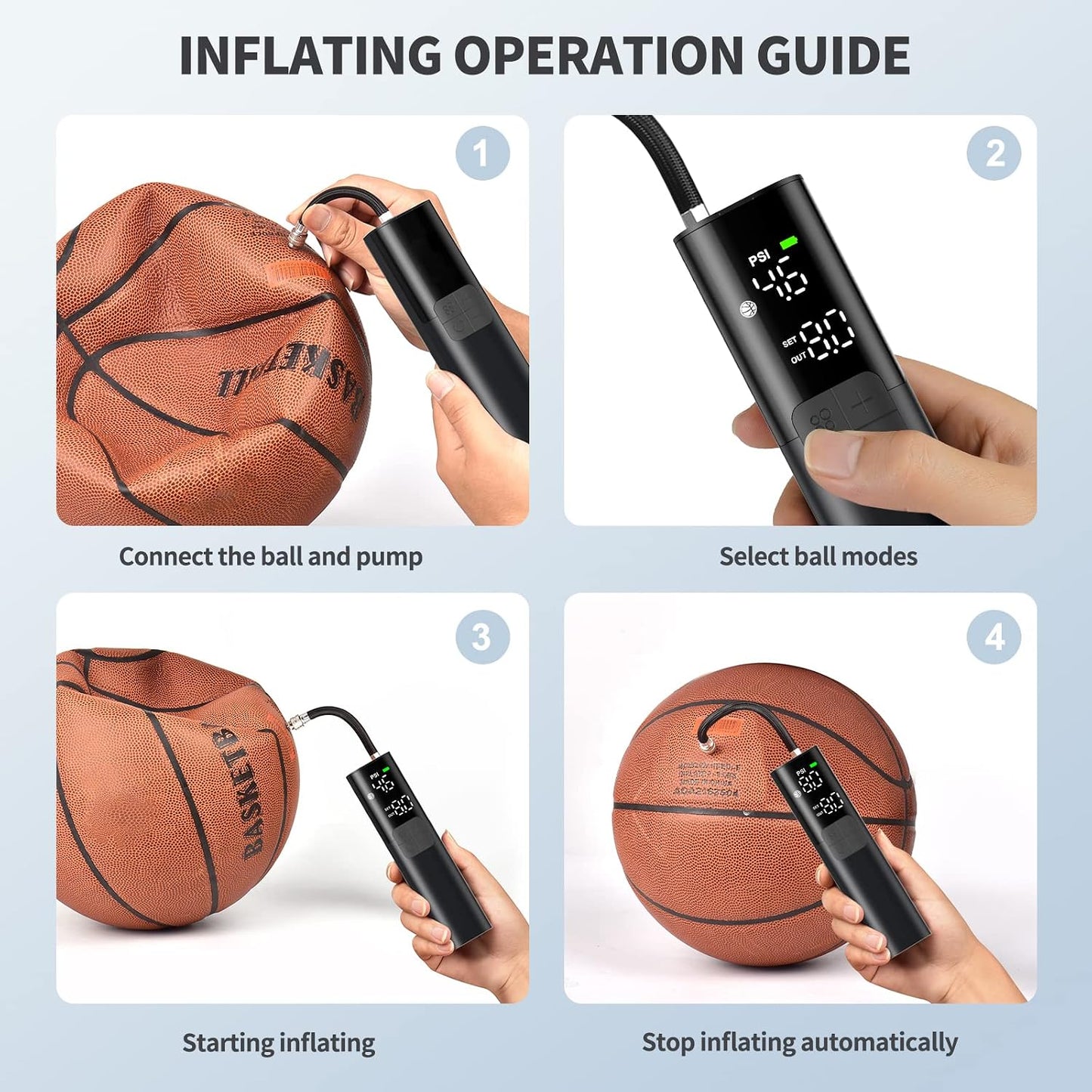 MY01 Electric Ball Pump for Basketball Football Soccer Volleyball | with Inflation & Deflation, Accurate Pressure Gauge, 4 Preset Modes, for Sports Balls, 15PSI