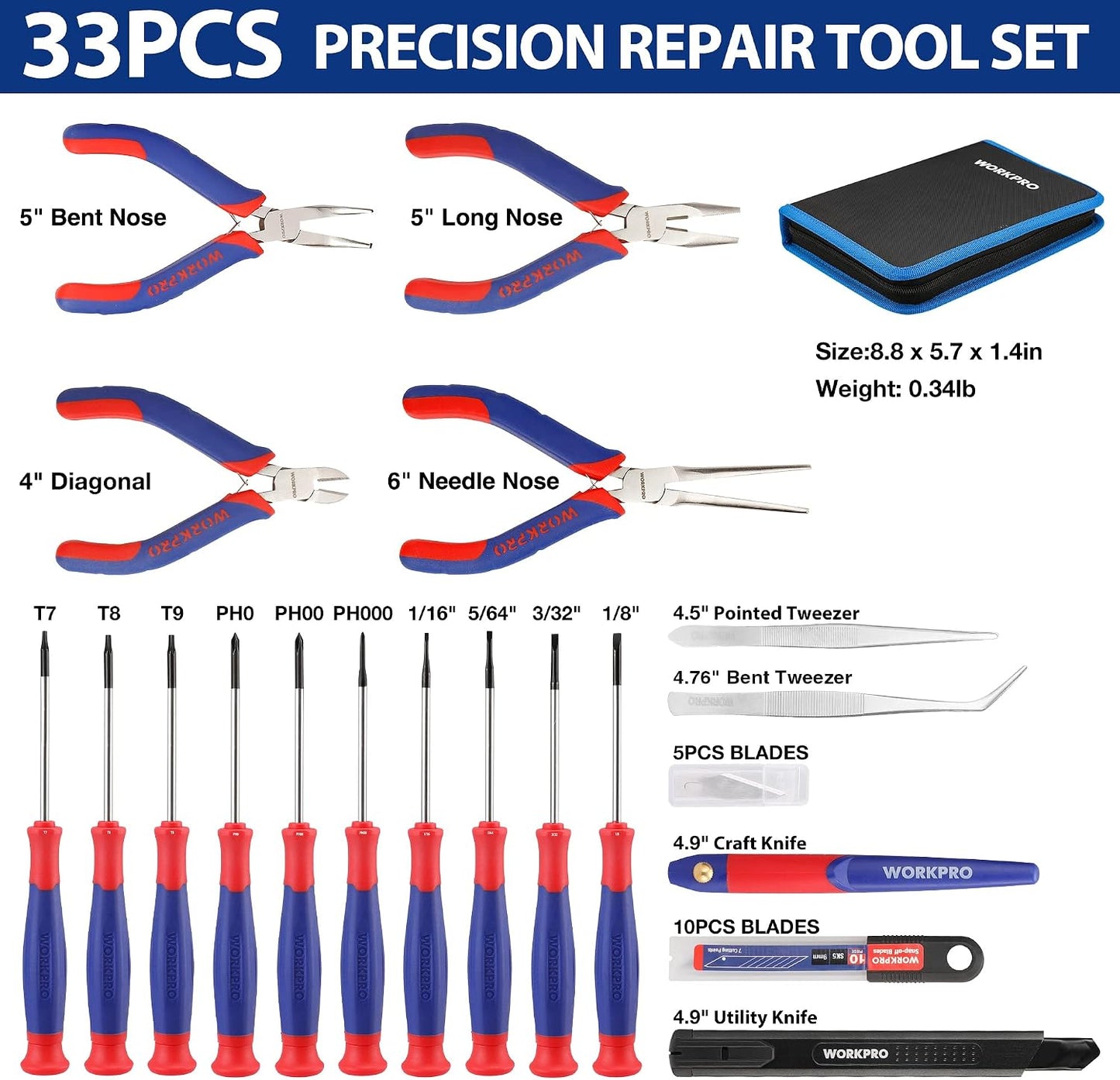 WORKPRO 33PCS Precision Repair Tool Kit, Screwdriver, Pliers Set with Pouch | Craft & Utility Knife, Precision Tweezers, Electronic Repair Applications, Portable Storage, Multi-Purpose DIY