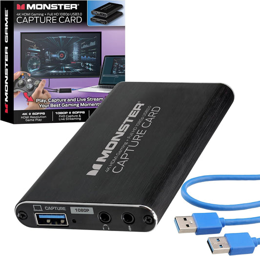 Monster Video Capture Card for Streaming, 4K HDMI Capture Card with 1080P 60FPS Recording, USB 3.0 Game Capture Device, Mic & Headphone Ports for PS5, Xbox, Nintendo Switch, Switch 2 & PC