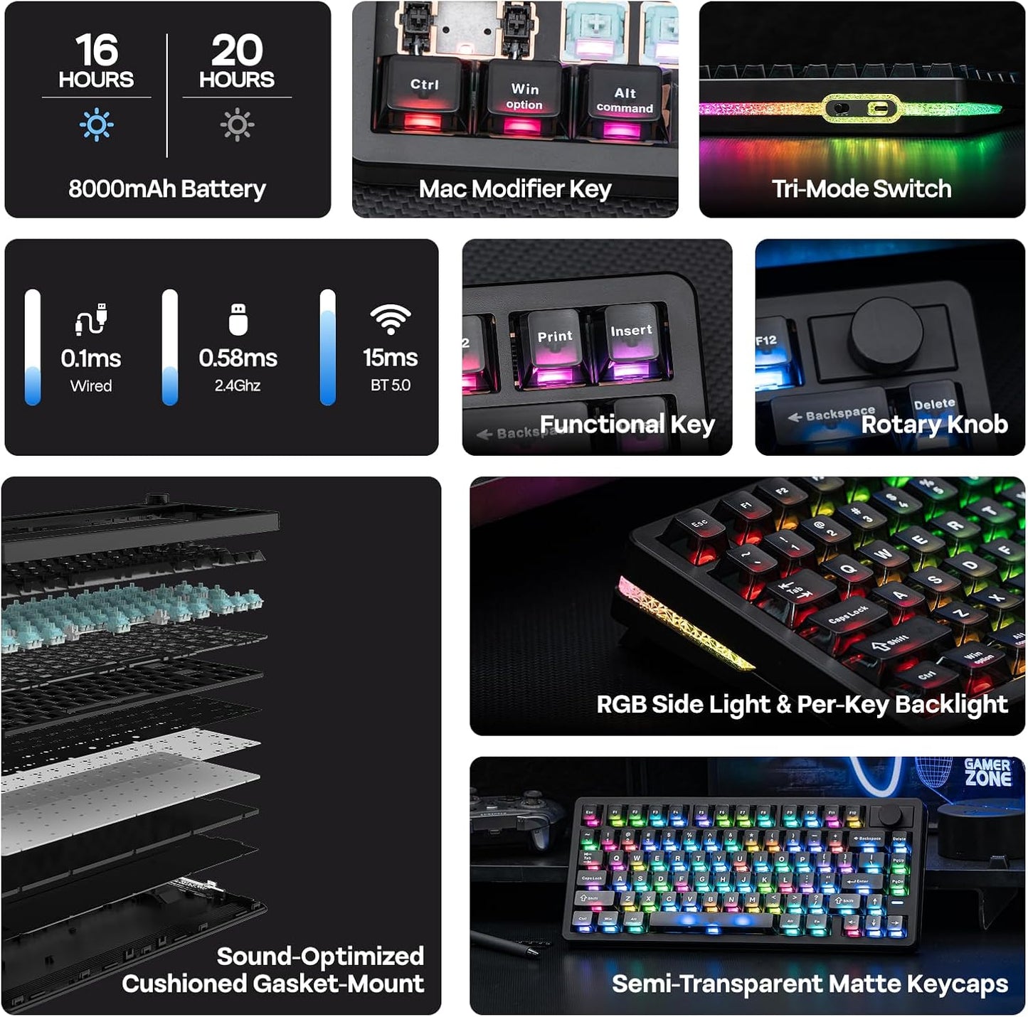 EPOMAKER HE75 V2 Hall Effect Gaming Keyboard, 8K Polling & 0.1ms, 8000mAh & 2.4Ghz/BT, Hot Swap Key & Knob, 0.005mm Adjustable Actuation, Rapid Triggering, Creamy & Thocky (Black)