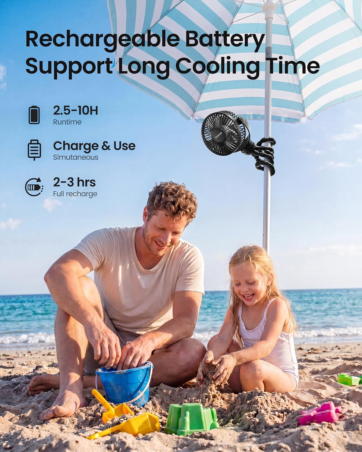 Gaiatop Mini Portable Stroller Fan, Small Clip on Fan 3 Speed Rechargeable | 360° Rotate Flexible Tripod, Battery Operated Detachable, Cooling for Car Seat Crib Treadmill Travel Black
