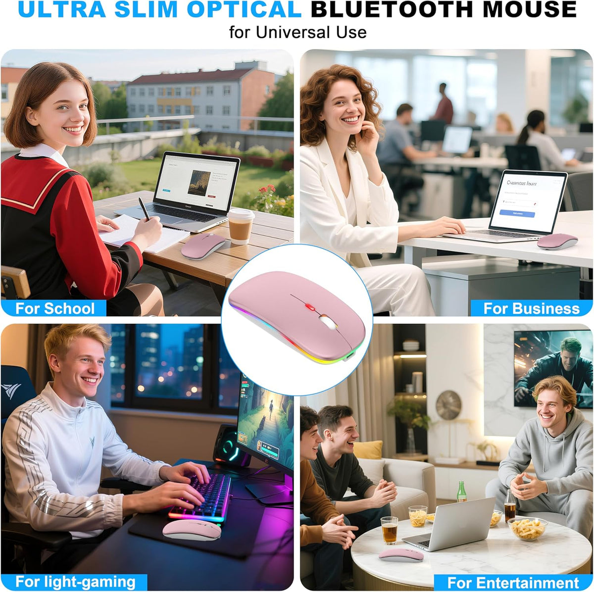 LED Bluetooth Wireless Mouse for MacBook Air Mac Pro Laptop iPad–Rose Gold | Rechargeable Silent Light-Up Optical Mouse with Jiggler Dual Mode BT5.2 & USB-A/USB-C for Students Kids Girls Boys