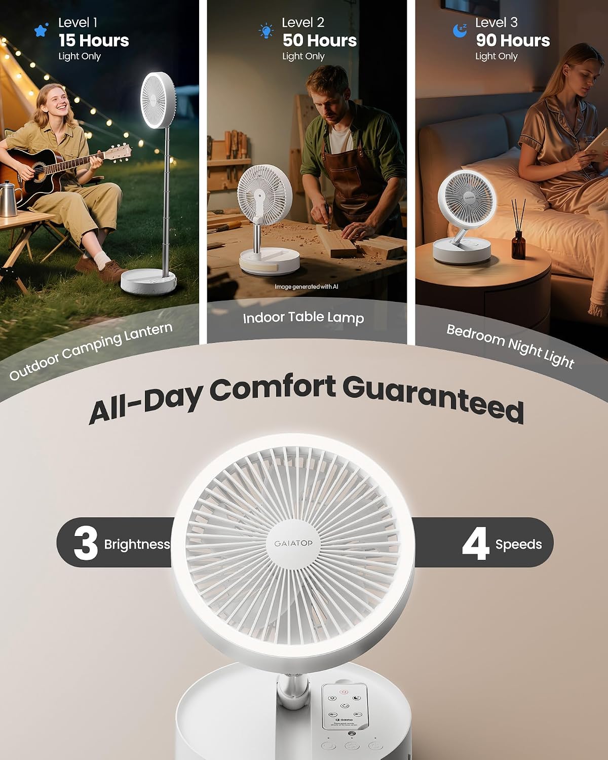 Gaiatop Portable Pedestal Fan 16000mAh Battery [Max 74h Runtime], Foldable Oscillating Standing Fan, Collapsible Desk Fans, LED Light, Case & Remote Control 4 Speeds for Outdoor Travel Camping (White)