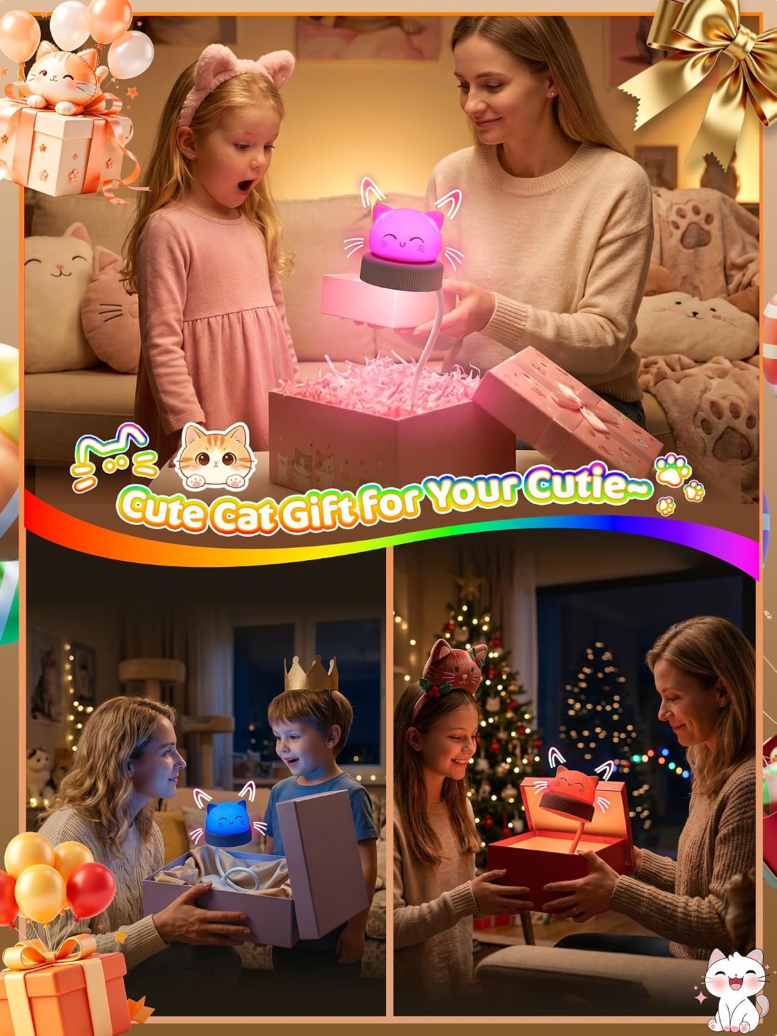 Cat Lamp,Dimmable RGB Clip on Light,Cute Desk Lamp Rechargeable Night Light | 4000mAh Battery Desk Lamp with Clamp,Cordless & Wireless Clip on Night Light for Kids/Toddle/Baby,Bed Headboard/Bedside/Table