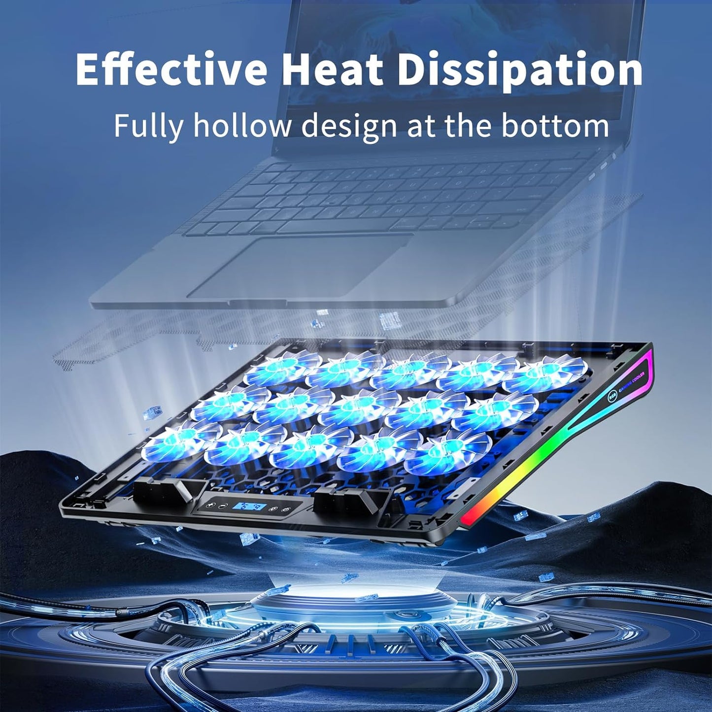 KeiBn Laptop Cooling Pad, Gaming Laptop Fan Cooling Pad with 15 Quiet Fans, RGB Laptop Cooler for 10-17.3 Inch, 4 Height Stands, 2 USB Ports - Blue