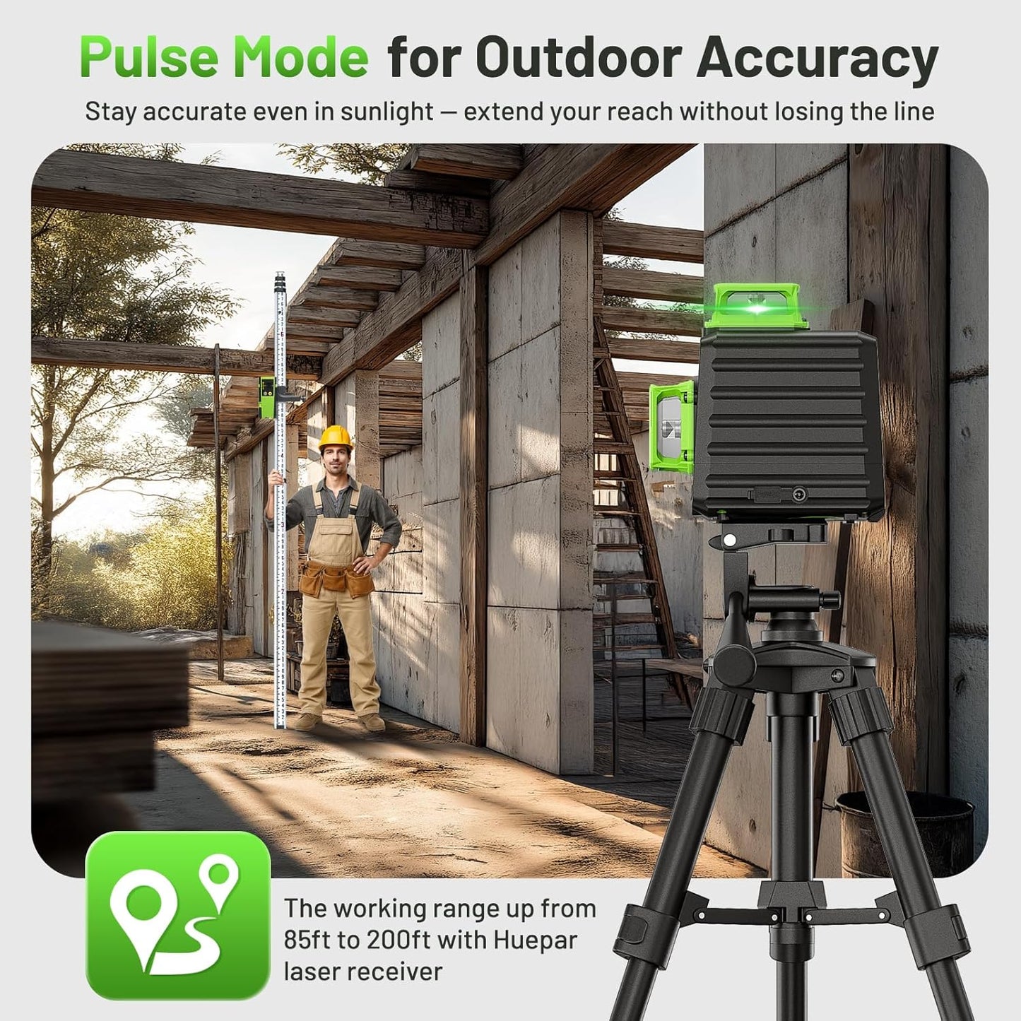 HUEPAR Laser Level 360 Self Leveling, Rechargeable 3D High Brightness Green Laser 3x360° Best Laser Leveler Tool for Construction and Picture Hanging, Strong Magnetic Bracket & Hard Suitcase
