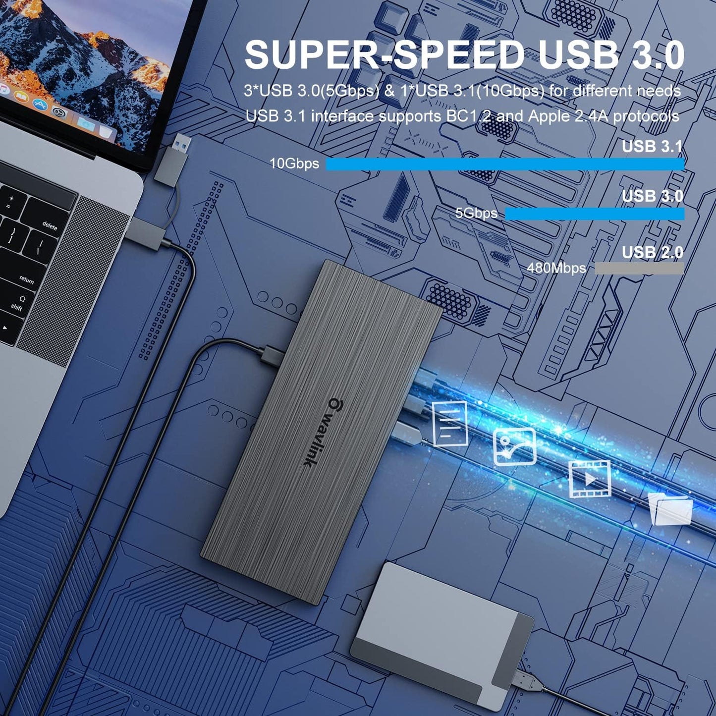WAVLINK DisplayLink Laptop Docking Station - Quad Monitor 5K/4K@60Hz, 100W Charging - Thunderbolt 5/4, USB-C/A - M1-M5 Mac/MacBook Neo/Windows/Chrome- 4 HDMI, 4 DP, 180W Power, SD 4.0 CR, 2.5Gbps LAN