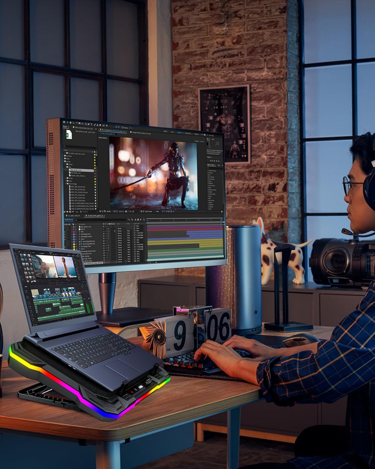 AICHESON Laptop Cooling Stand Gaming RGB Cooler for 15-19 inch Heavy Laptop | Gamer PC Computers Partner Fan with Full RGB Lights, 1 Big Powerful Fan Pull Up Stand Heat Dissipation