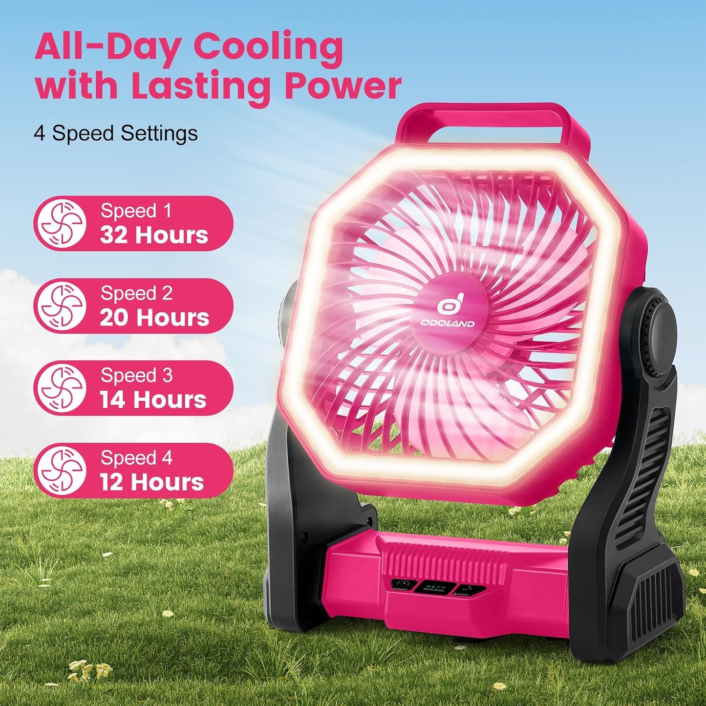 Odoland Portable Rechargeable Fan, 20000mAh Camping Fan with LED Lantern | 4-Speed Airflow & 3-Color Light Oscillating Fan with Hanging Hook for Tent Car Beach Hurricane Power Outage, Pink