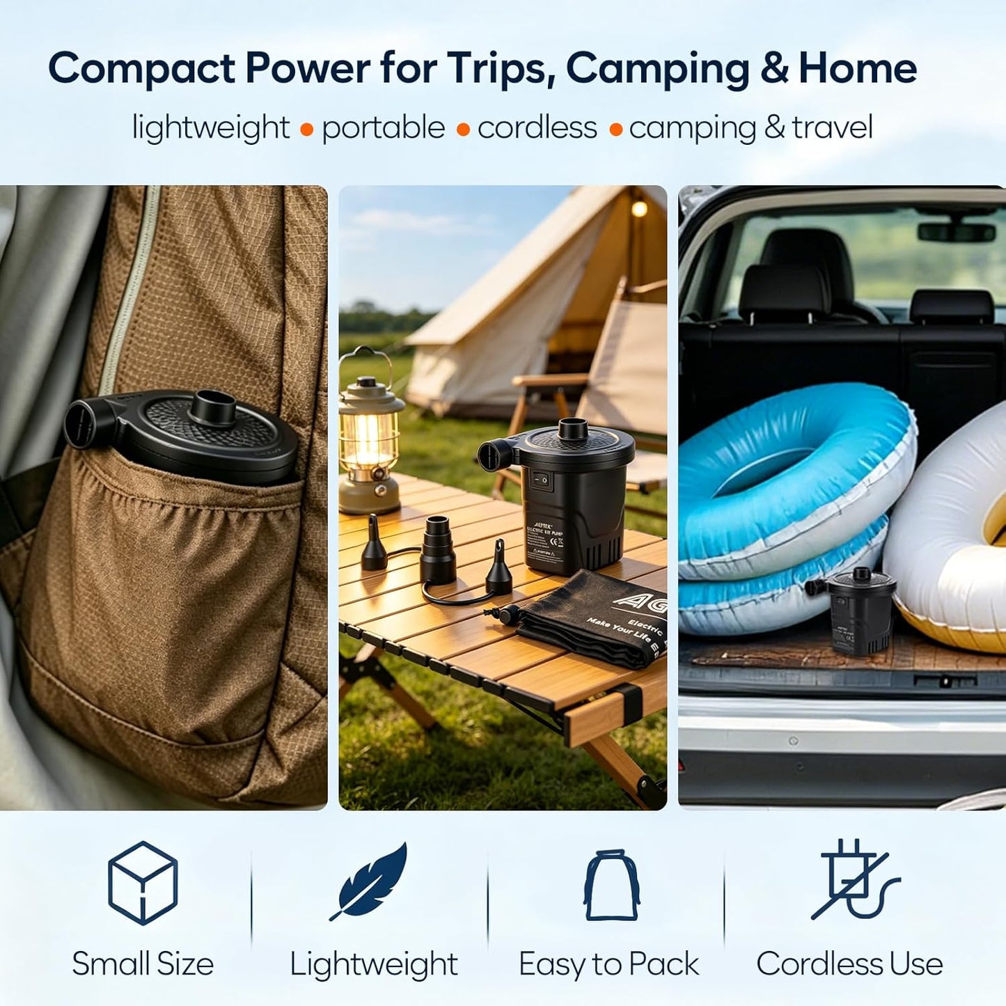 AGPTEK Rechargeable Air Pump,4000mAh Quick-Fill Inflator Deflator,3 Nozzles | Portable Electric Air Pump, Lightweight, for Air Beds, Air Mattresses, Pool toys,Inflatables,Fast Inflation,Camping, Outdoor