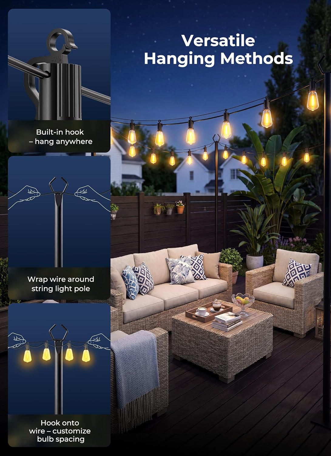 Brightown 52FT Solar String Lights Outdoor Waterproof, Up to 26Hrs Runtime | 15+1 LED Bulbs, USB & Solar Powered, Remote Control & Dimmable Timer, Ideal for Backyard, Garden, Camping & Party Decor