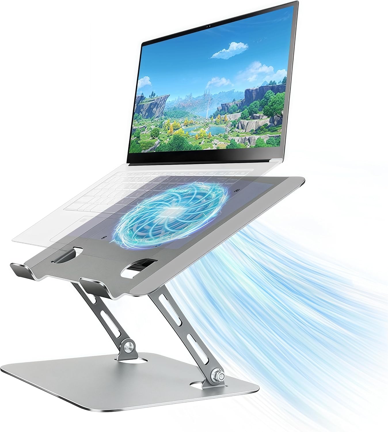 Laptop Cooling Stand with Fan and One Key Switch | Ergonomic Adjustable Height Desk Computer Holder for All 10-16''Laptops & Tablets Perfect for Gaming, DJ, Office - Gray