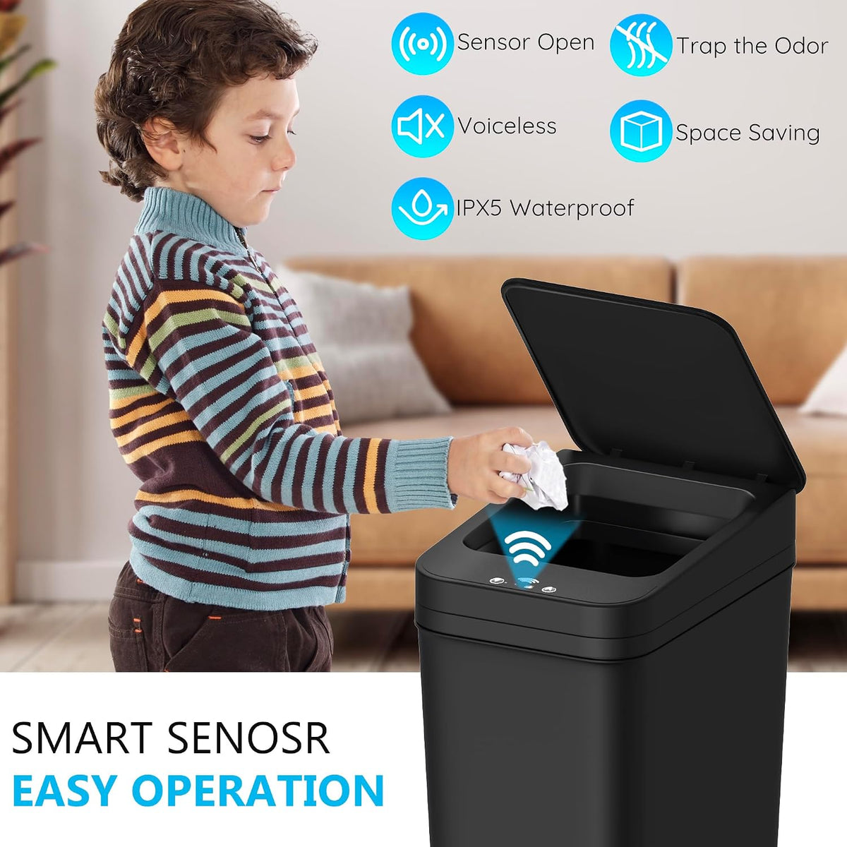 Bathroom Small Trash Can with Lid, Automatic Garbage Can, 2.6 Gallon