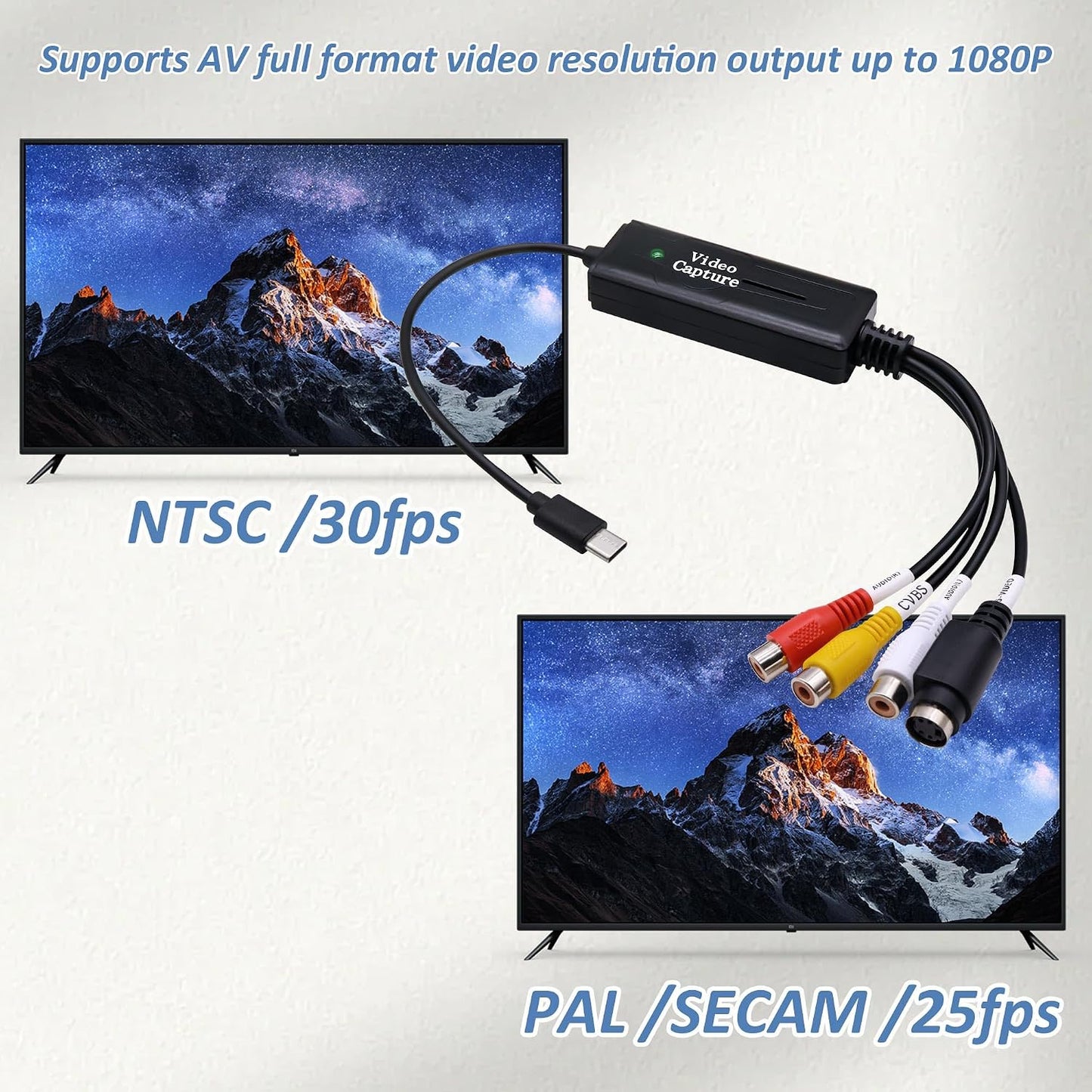 USB 3.1 Type C to RCA Svideo AV Audio Video Capture Card Adapter | 1080P,S-Video to Type C Converter,Support NTSC PAL SECAM for PC Mobile Phone Monitor Video Recorder,42cm