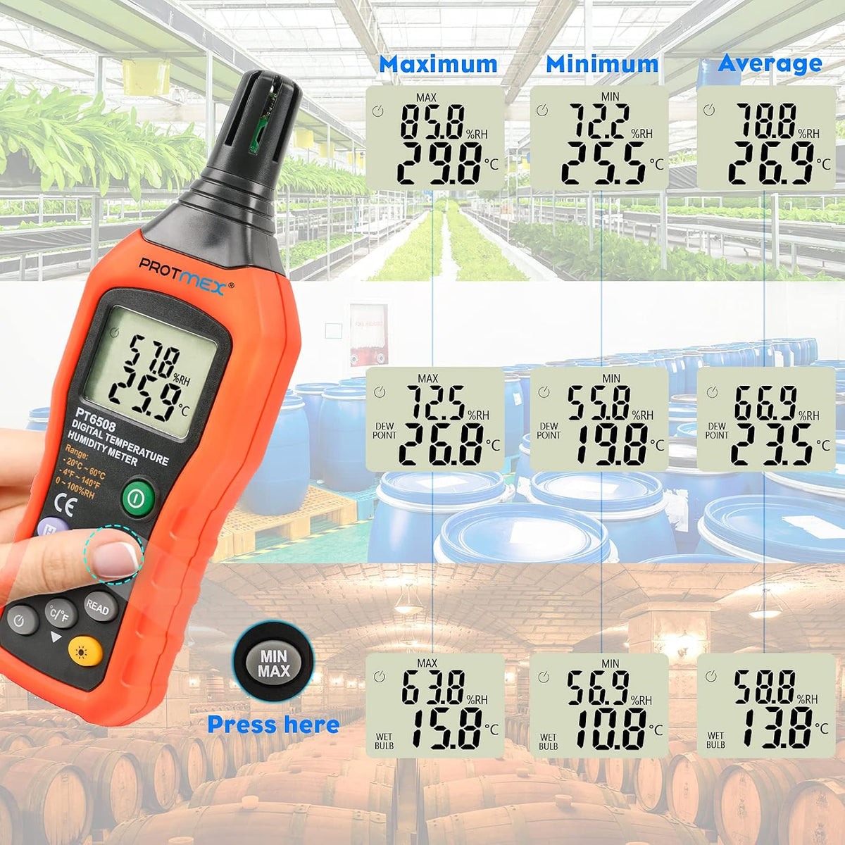 Protmex PT6508 Temperature Humidity Meter - Wet Bulb for Indoor/Outdoor