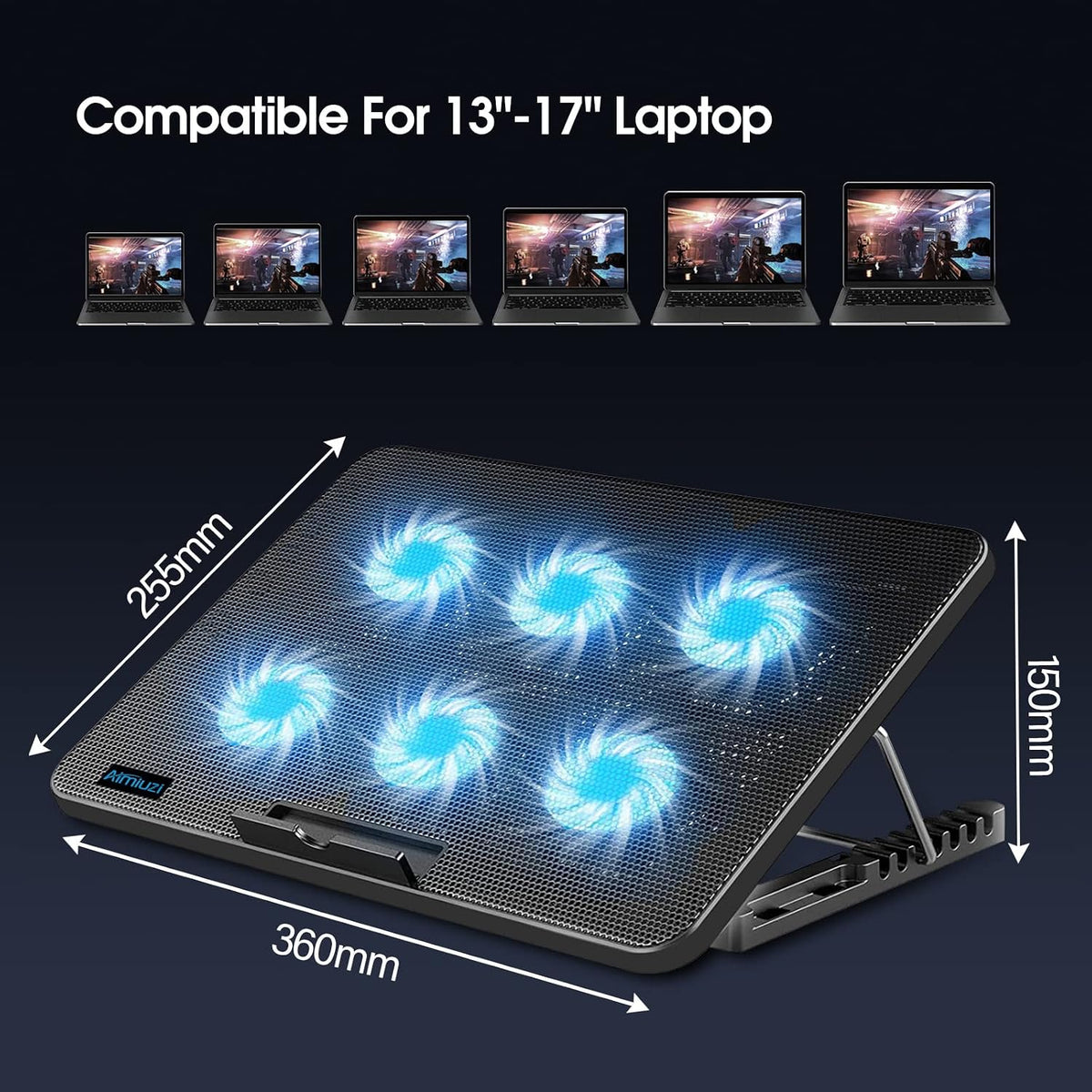 AIMIUZI Laptop Cooling Pad, Gaming Laptop Cooler with 6 Quiet Fans, Laptop Fan Cooling Pad Fits 12-17 Inch Laptop, USB Port Powered, 7 Adjustable Height
