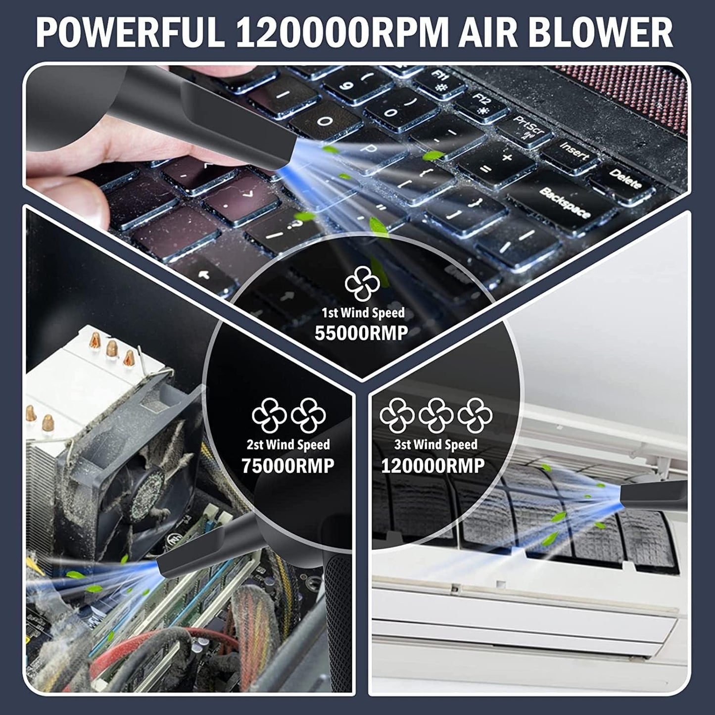 Compressed air Duster, Yomile 2 in 1 120000RPM Cordless Air Duster with 7600mAh Battery Dust Blower for Keyboard Cleaner,Rechargeable Air Blower