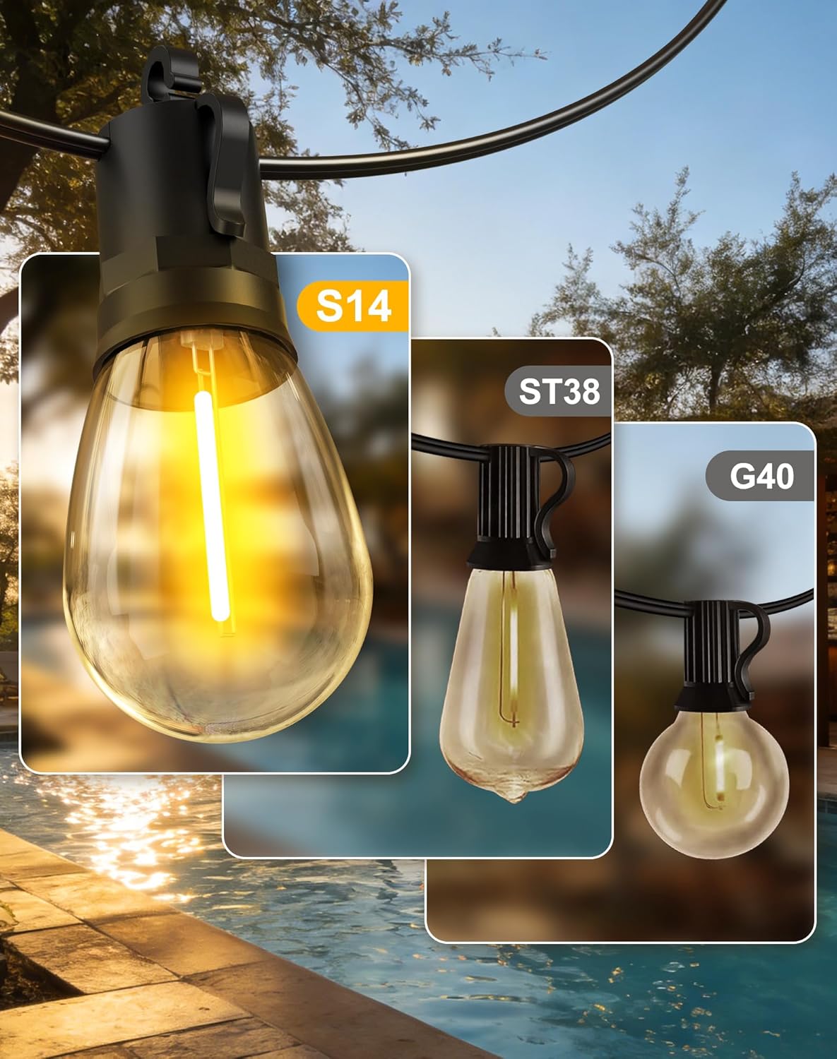 50ft Solar Powered Lights Outdoor - Waterproof String Light Outside Patio | Yard Garden Fence Backyard Deck Porch Balcony Patios Camping Battery Operated Lighting Hanging with LED Edison Bulbs S14